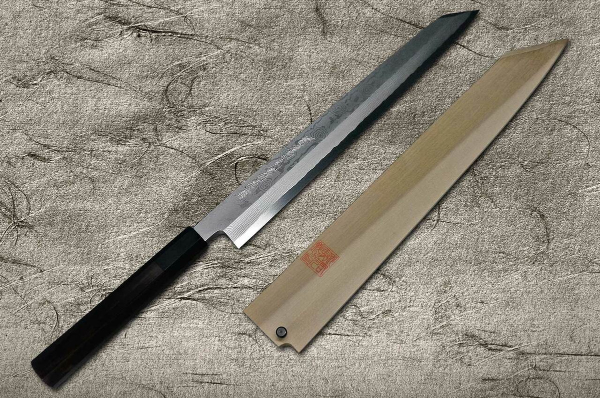 Yoshihiro Gingami No.3 Damascus Suminagashi G3SN-E Japanese Chefs Kiritsuke-YanagibaSashimi 330mm with Saya Sheath and Ebony Handle