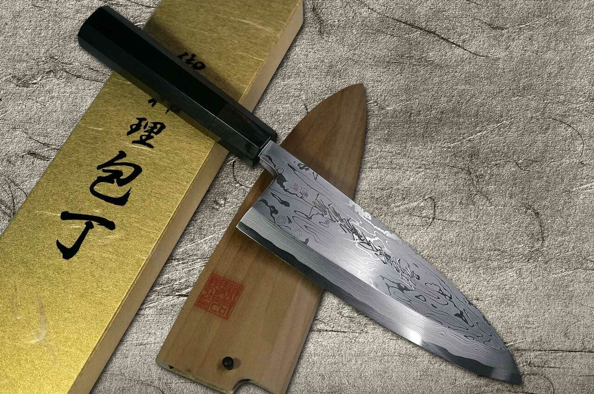 Yoshihiro Aogami No.1 Damascus Suminagashi B1SN-E Japanese Chefs Deba Knife 210mm with Saya Sheath and Ebony Handle