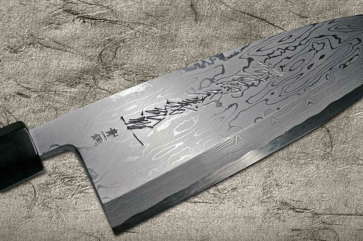 Yoshihiro Aogami No.1 Damascus Suminagashi B1SN-E Japanese Chefs Deba Knife 210mm with Saya Sheath and Ebony Handle