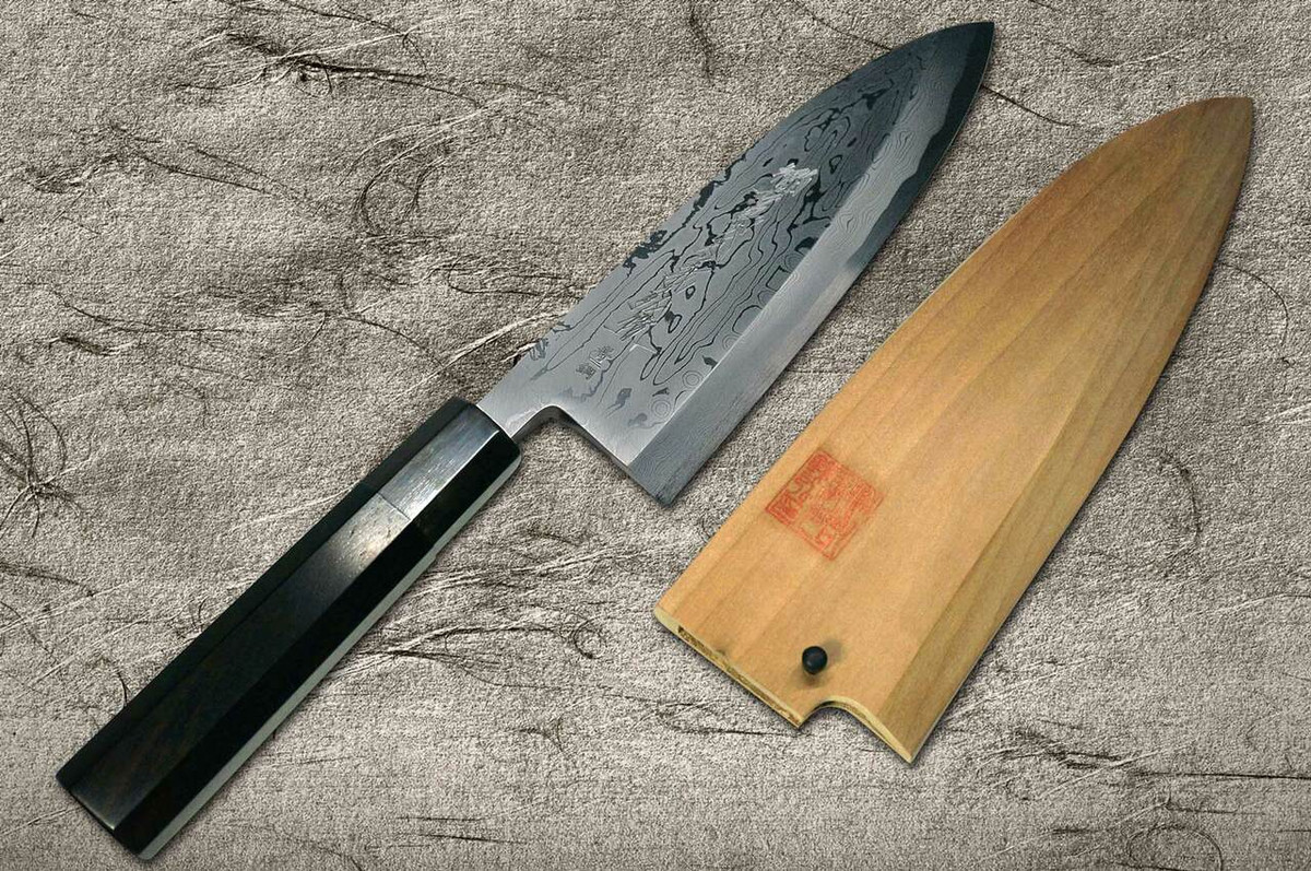 Yoshihiro Aogami No.1 Damascus Suminagashi B1SN-E Japanese Chefs Deba Knife 210mm with Saya Sheath and Ebony Handle