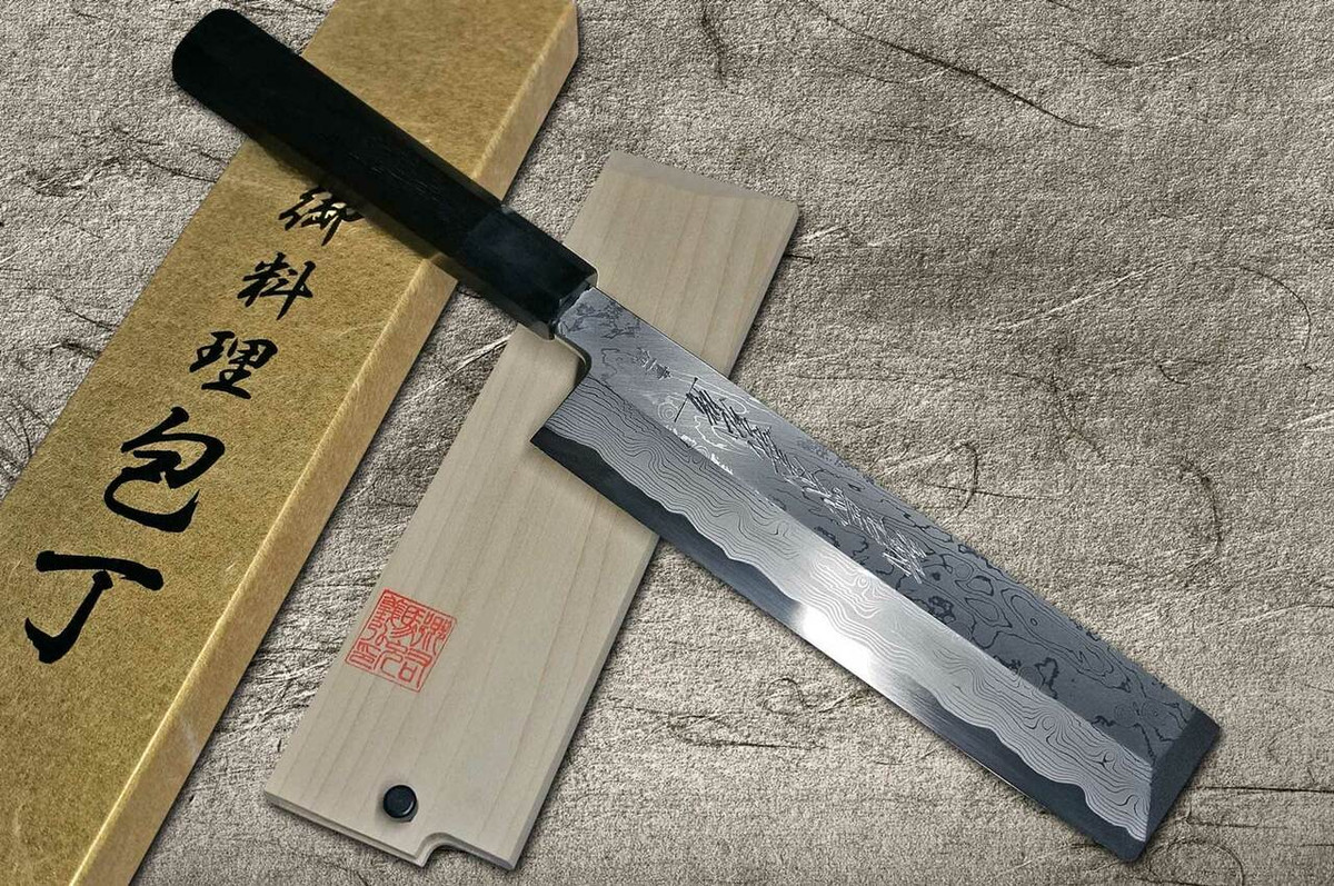 Yoshihiro Aogami No.1 Damascus Suminagashi B1SN-E Japanese Chefs UsubaVegetable 225mm with Saya Sheath and Ebony Handle