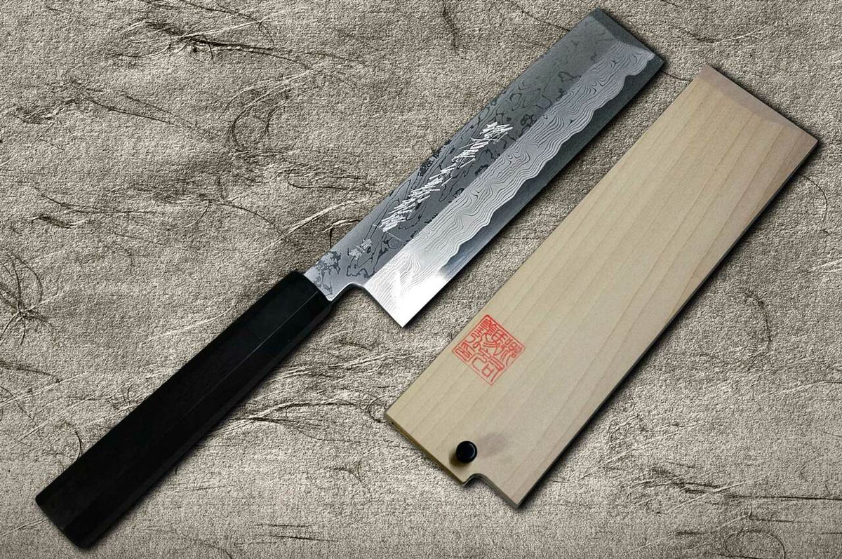 Yoshihiro Aogami No.1 Damascus Suminagashi B1SN-E Japanese Chefs UsubaVegetable 225mm with Saya Sheath and Ebony Handle
