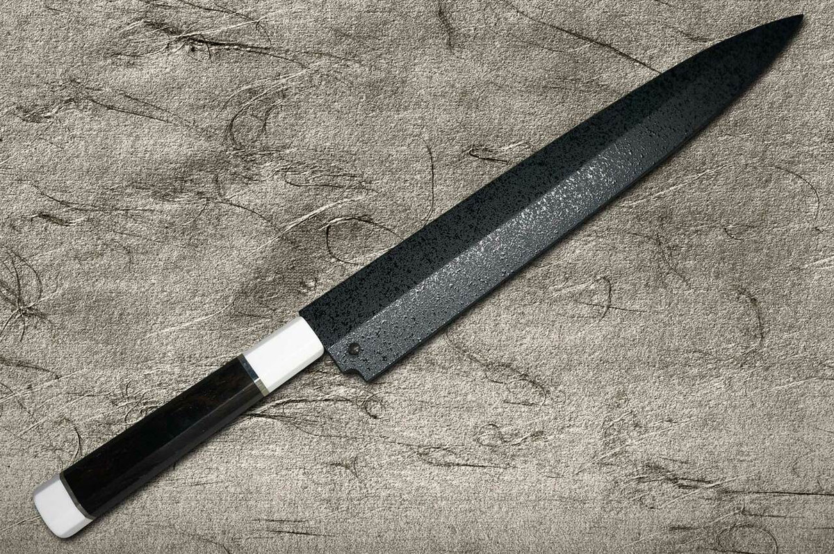 居合前差し用脇差、黒合皮革巻　黒鮫仕、刃紋.矢櫃樋入り二重刃 (訳有り価格) Kuroishime Saya Sheath for Yanagiba(Sashimi) 330mm with Ebony Pin