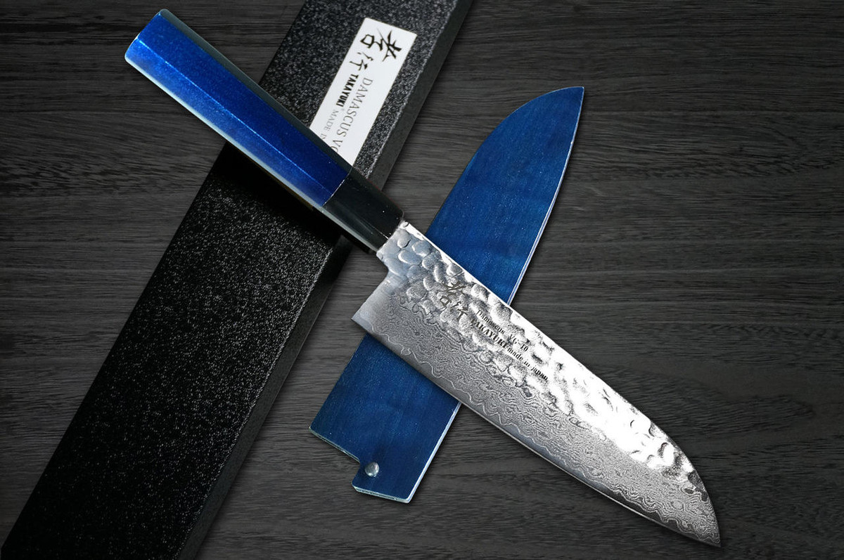 Sakai Takayuki 33-Layer VG10 Damascus Indigo Japan-Blue Chefs Santoku Knife and Saya SET 170mm