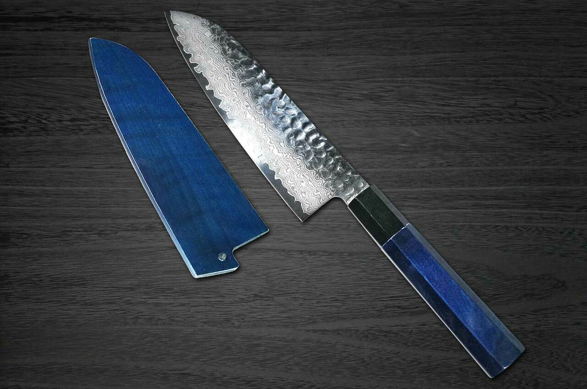 Sakai Takayuki 33-Layer VG10 Damascus Indigo Japan-Blue Chefs Santoku Knife and Saya SET 170mm