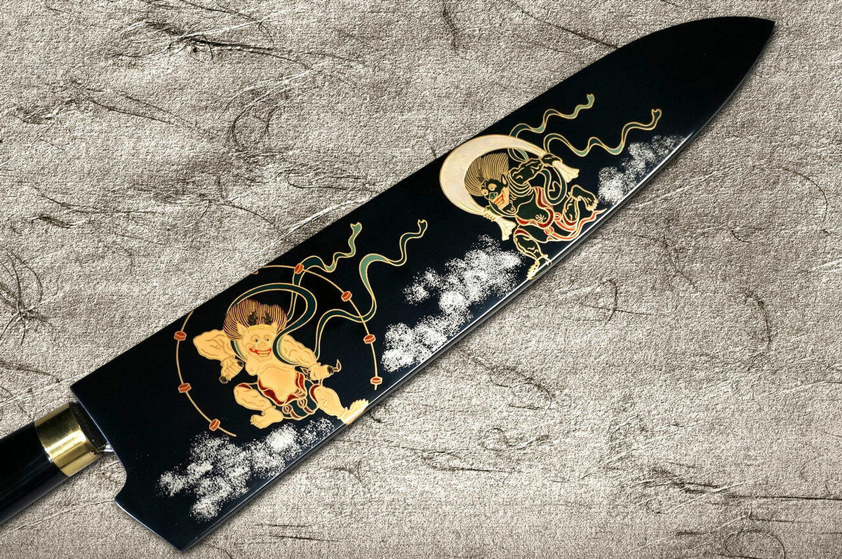 Takeshi Saji Makie-Art R2SG2 Mirrored Damascus Japanese Chefs Gyuto Knife 210mm with Urushi Lacquered Saya and Handle FUJIN RAIJIN