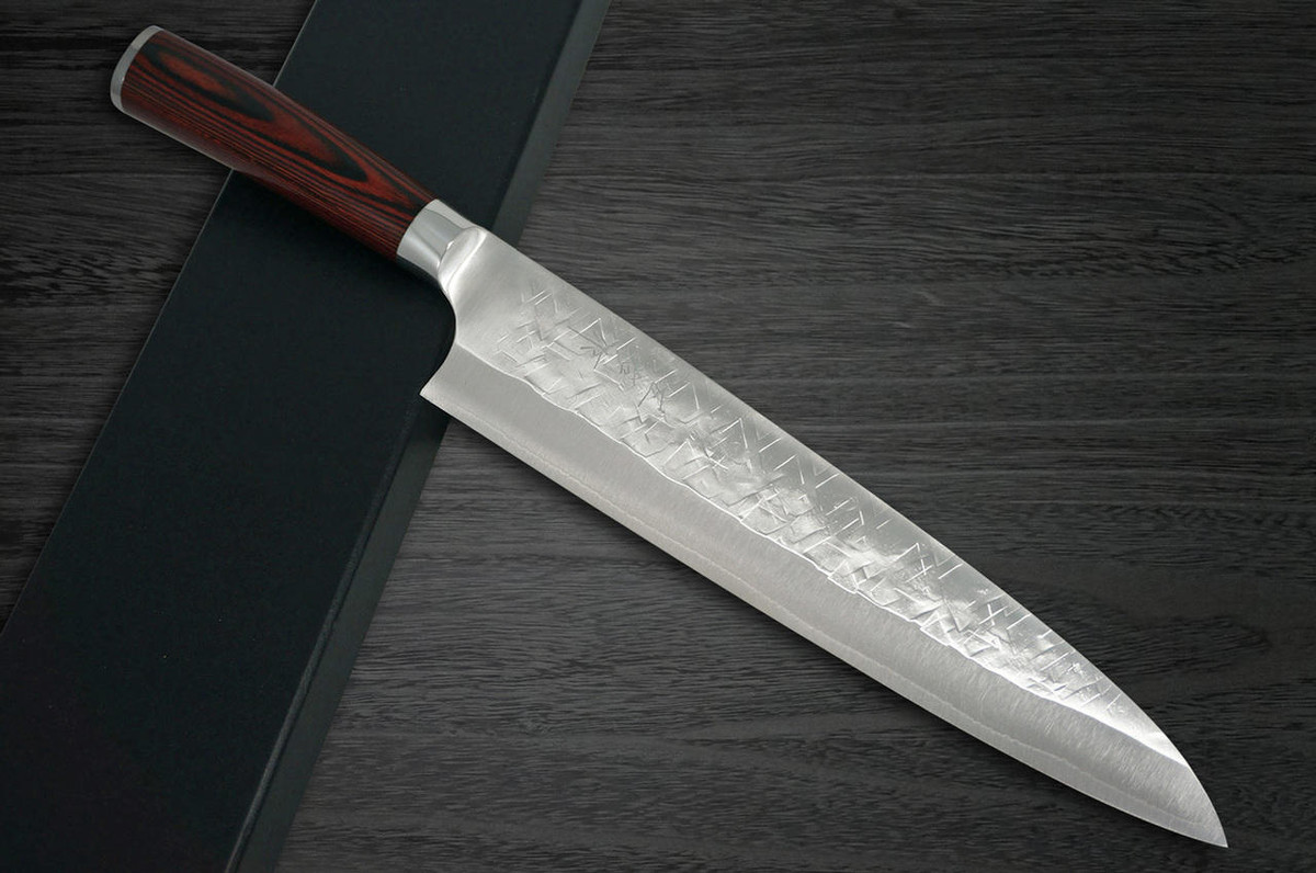 Takeshi Saji SRS13 Mirror Hammered PWR Japanese Chefs Gyuto Knife 240mm with Red Pakka Wood Handle