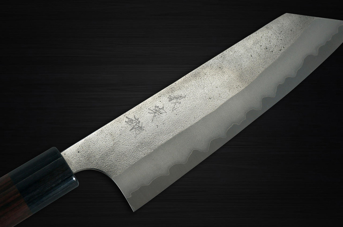 Yoshimi Kato Aogami Super Clad Nashiji RS Japanese Chefs Bunka Knife 170mm with Black-Ring Round Handle