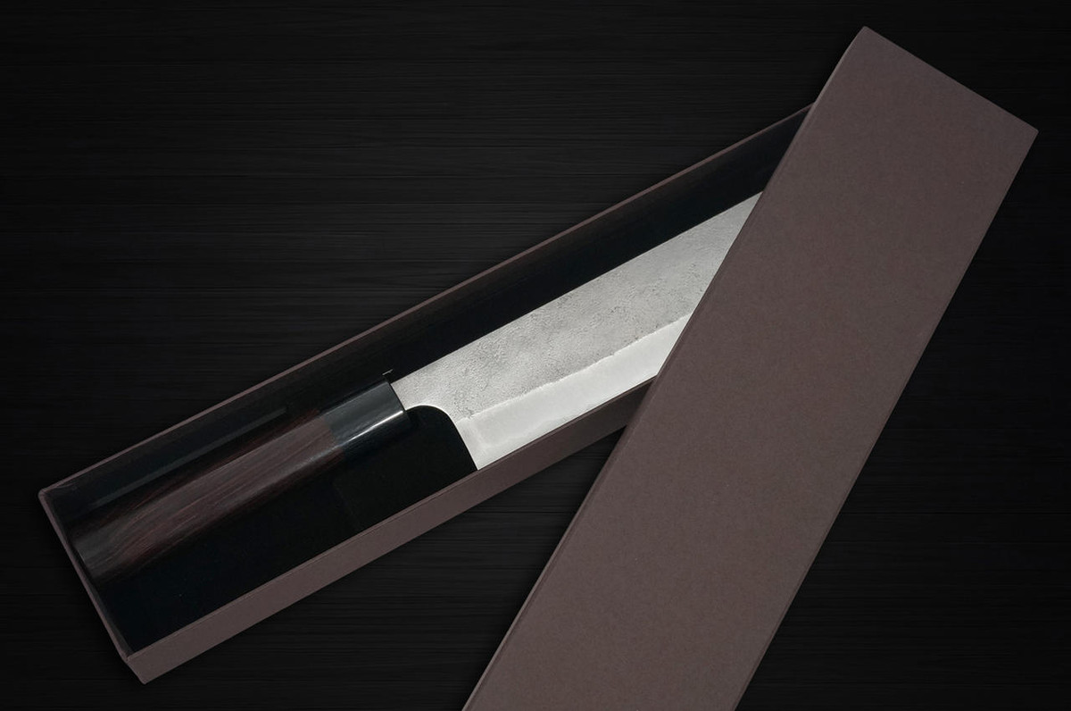 Yoshimi Kato Aogami Super Clad Nashiji RS Japanese Chefs NakiriVegetable 165mm with Black-Ring Round Handle