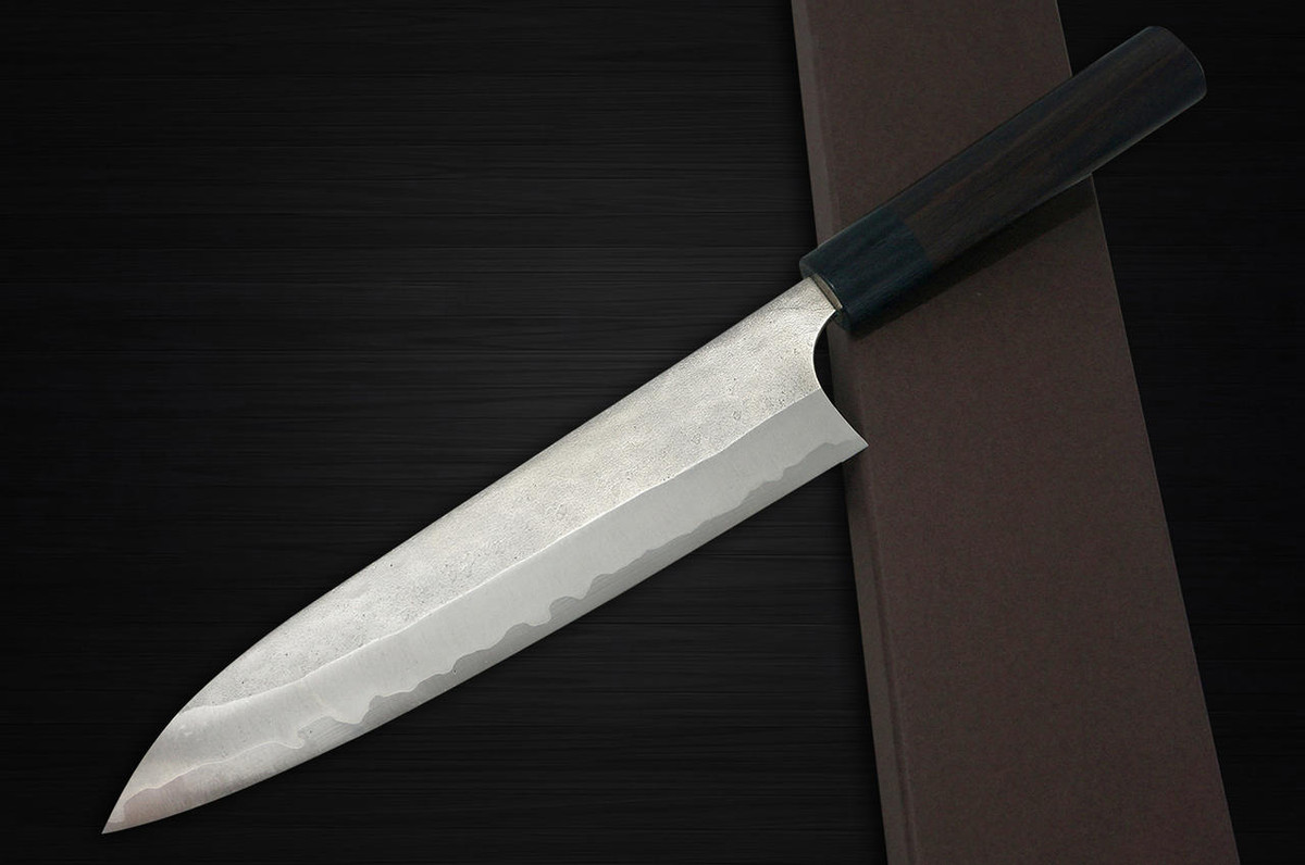 Yoshimi Kato Aogami Super Clad Nashiji RS Japanese Chefs Gyuto Knife 240mm with Black-Ring Round Handle