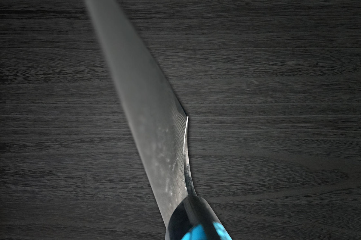 Takeshi Saji R2 Diamond Finish Damascus TCA Japanese Chefs SlicerSujihiki 240mm with Blue Turquoise Handle