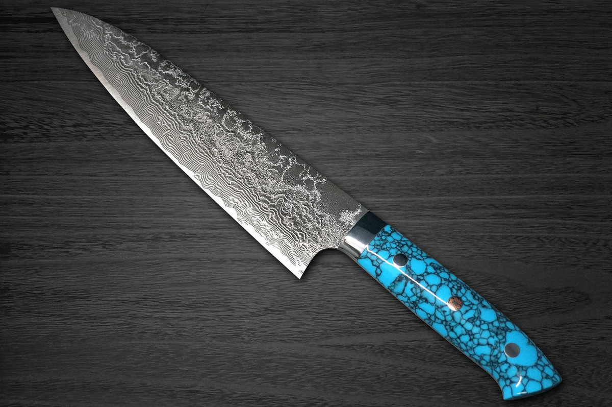 Takeshi Saji R2 Diamond Finish Damascus TCA Japanese Chefs Gyuto Knife 210mm with Blue Turquoise Handle