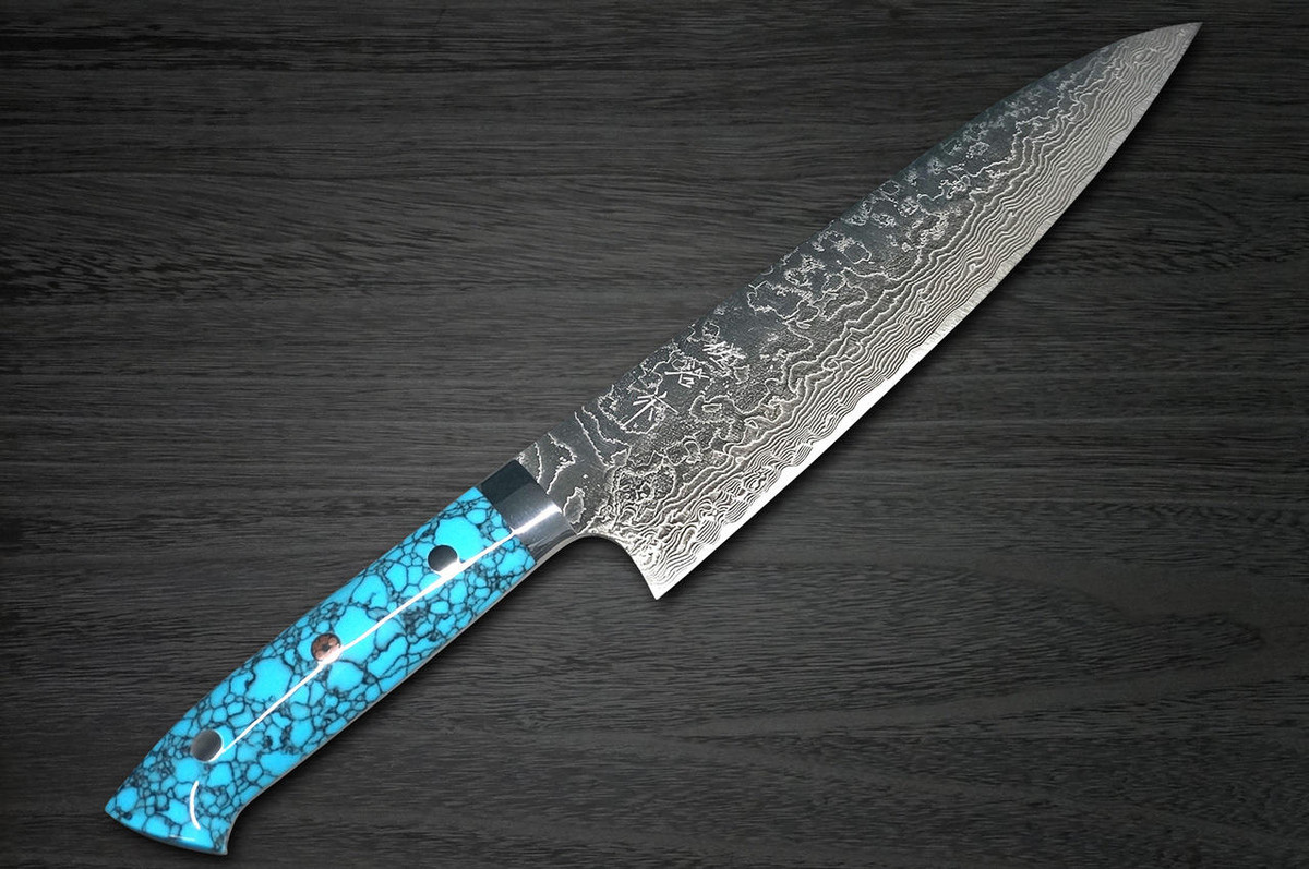 Takeshi Saji R2 Diamond Finish Damascus TCA Japanese Chefs Gyuto Knife 210mm with Blue Turquoise Handle
