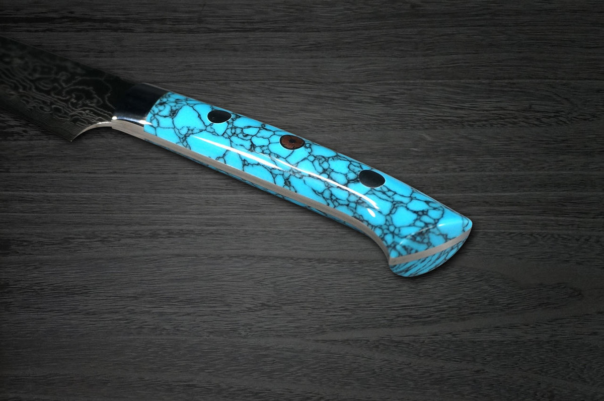 Takeshi Saji R2 Diamond Finish Damascus TCA Japanese Chefs Petty KnifeUtility 130mm with Blue Turquoise Handle