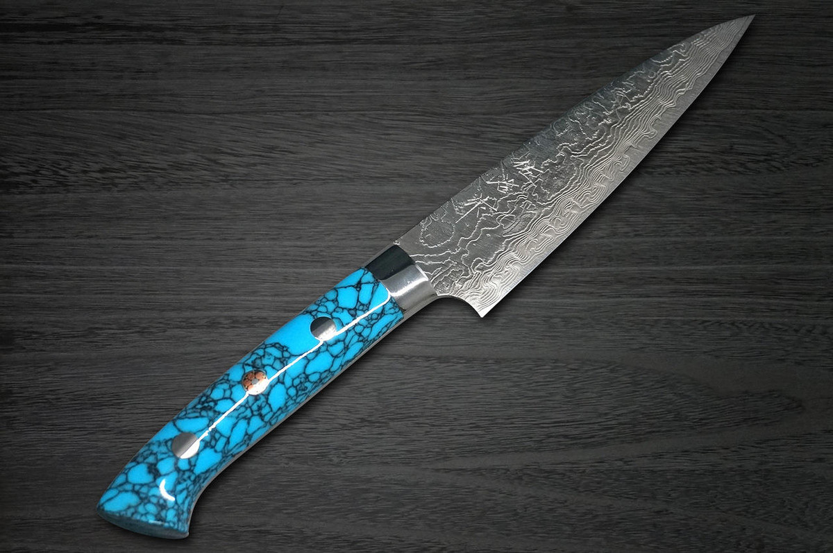 Takeshi Saji R2 Diamond Finish Damascus TCA Japanese Chefs Petty KnifeUtility 130mm with Blue Turquoise Handle