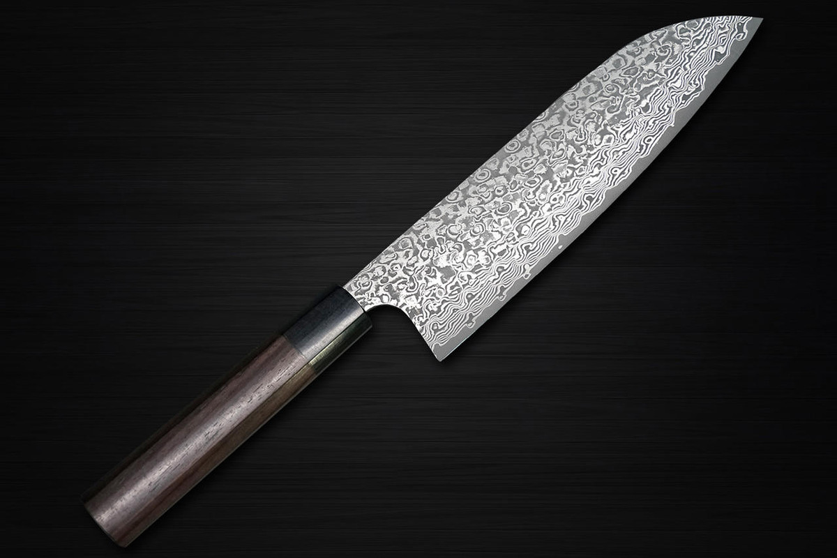 Yoshimi Kato 63 Layer VG10 Black Damascus RS8 Japanese Chefs Santoku Knife 170mm with Black-Ring Octagonal Handle