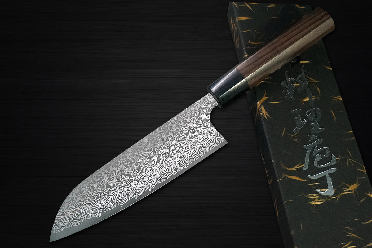 Yoshimi Kato 63 Layer VG10 Black Damascus RS8 Japanese Chefs Santoku Knife 170mm with Black-Ring Octagonal Handle