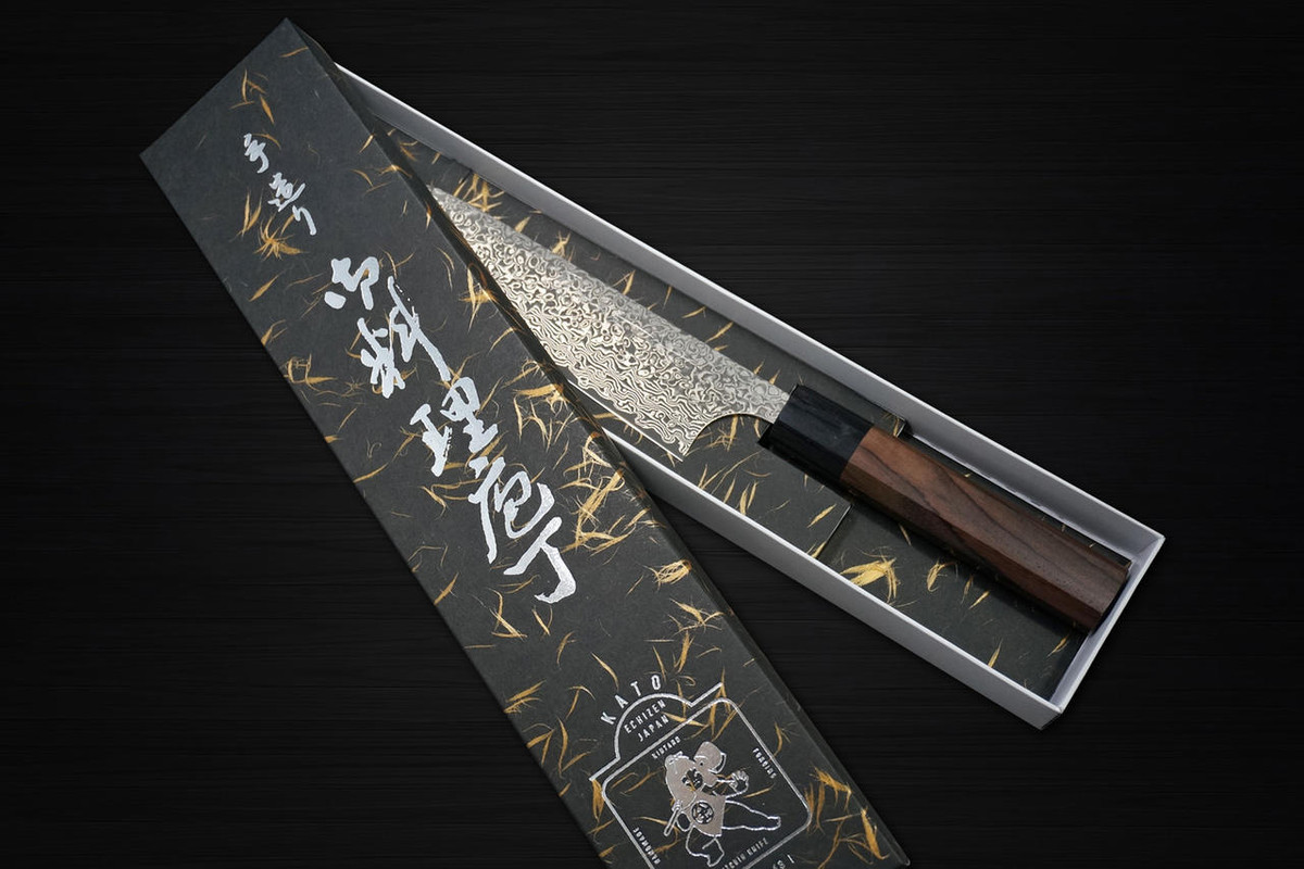 Yoshimi Kato 63 Layer VG10 Black Damascus RS8 Japanese Chefs Santoku Knife 170mm with Black-Ring Octagonal Handle