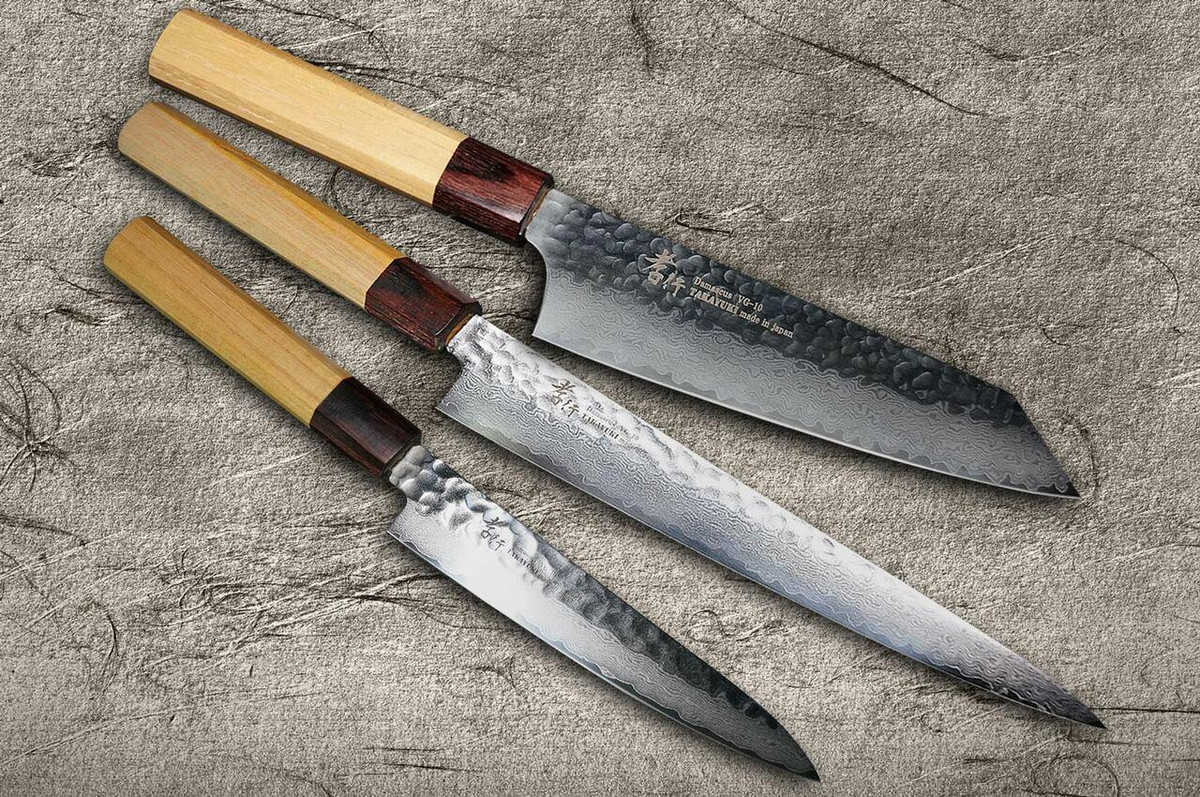 Sakai Takayuki 33-Layer VG10 Damascus Hammered WA Japanese Chefs Knife SET Kengata Gyuto190mm - Slicer240mm - Petty150mm