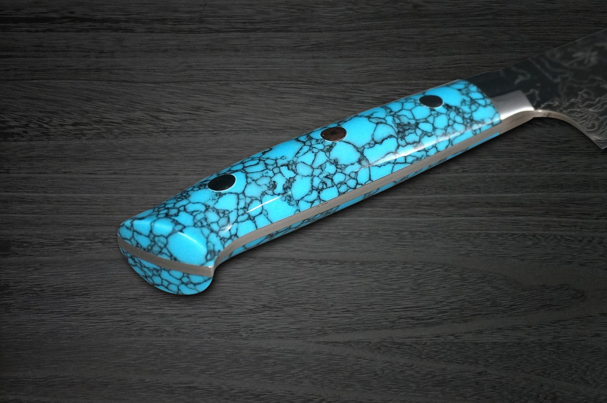 Takeshi Saji R2 Diamond Finish Damascus TCA Japanese Chefs Gyuto Knife 240mm with Blue Turquoise Handle