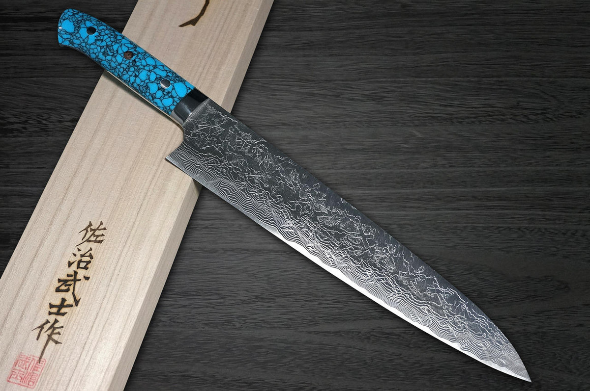 Takeshi Saji R2 Diamond Finish Damascus TCA Japanese Chefs Gyuto Knife 270mm with Blue Turquoise Handle