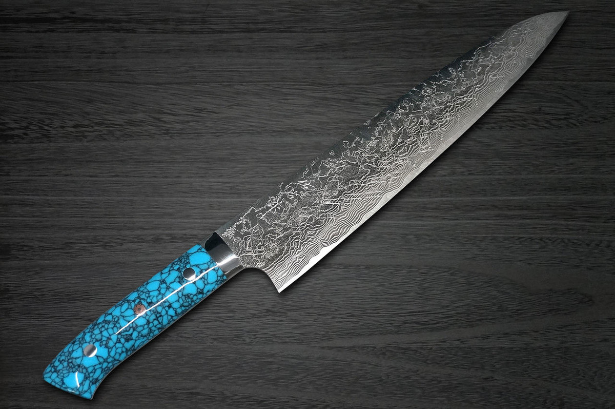Takeshi Saji R2 Diamond Finish Damascus TCA Japanese Chefs Gyuto Knife 270mm with Blue Turquoise Handle