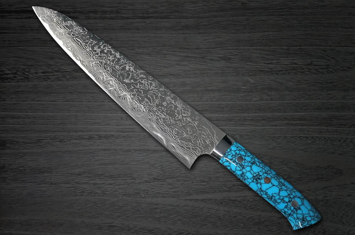 Takeshi Saji R2 Diamond Finish Damascus TCA Japanese Chefs Gyuto Knife 270mm with Blue Turquoise Handle