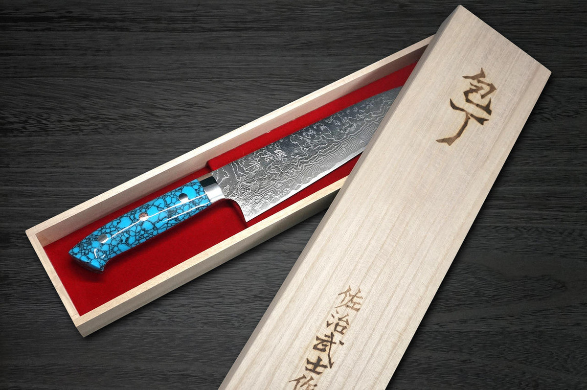 Takeshi Saji R2 Diamond Finish Damascus TCA Japanese Chefs Gyuto Knife 270mm with Blue Turquoise Handle