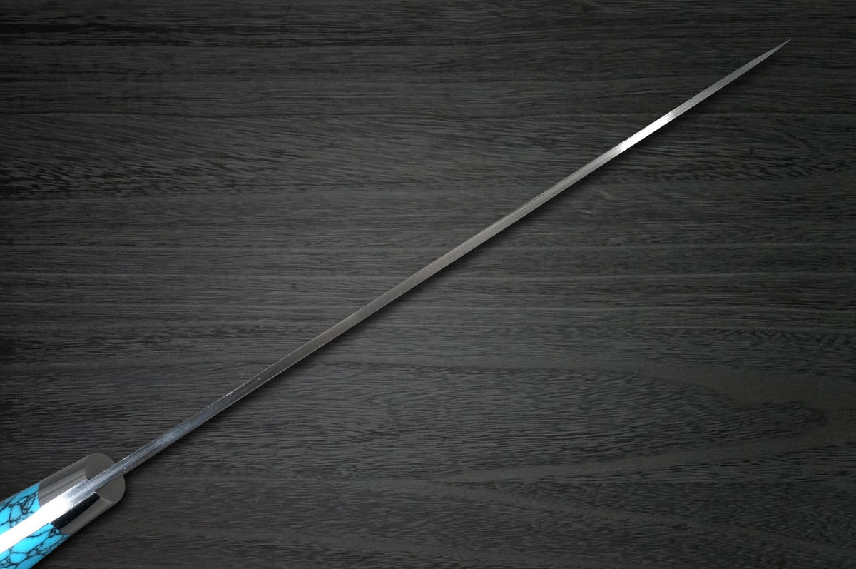 Takeshi Saji R2 Diamond Finish Damascus TCA Japanese Chefs Santoku Knife 180mm with Blue Turquoise Handle