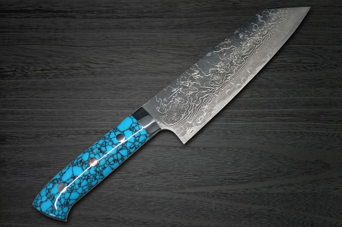 Takeshi Saji R2 Diamond Finish Damascus TCA Japanese Chefs Bunka Knife 180mm with Blue Turquoise Handle