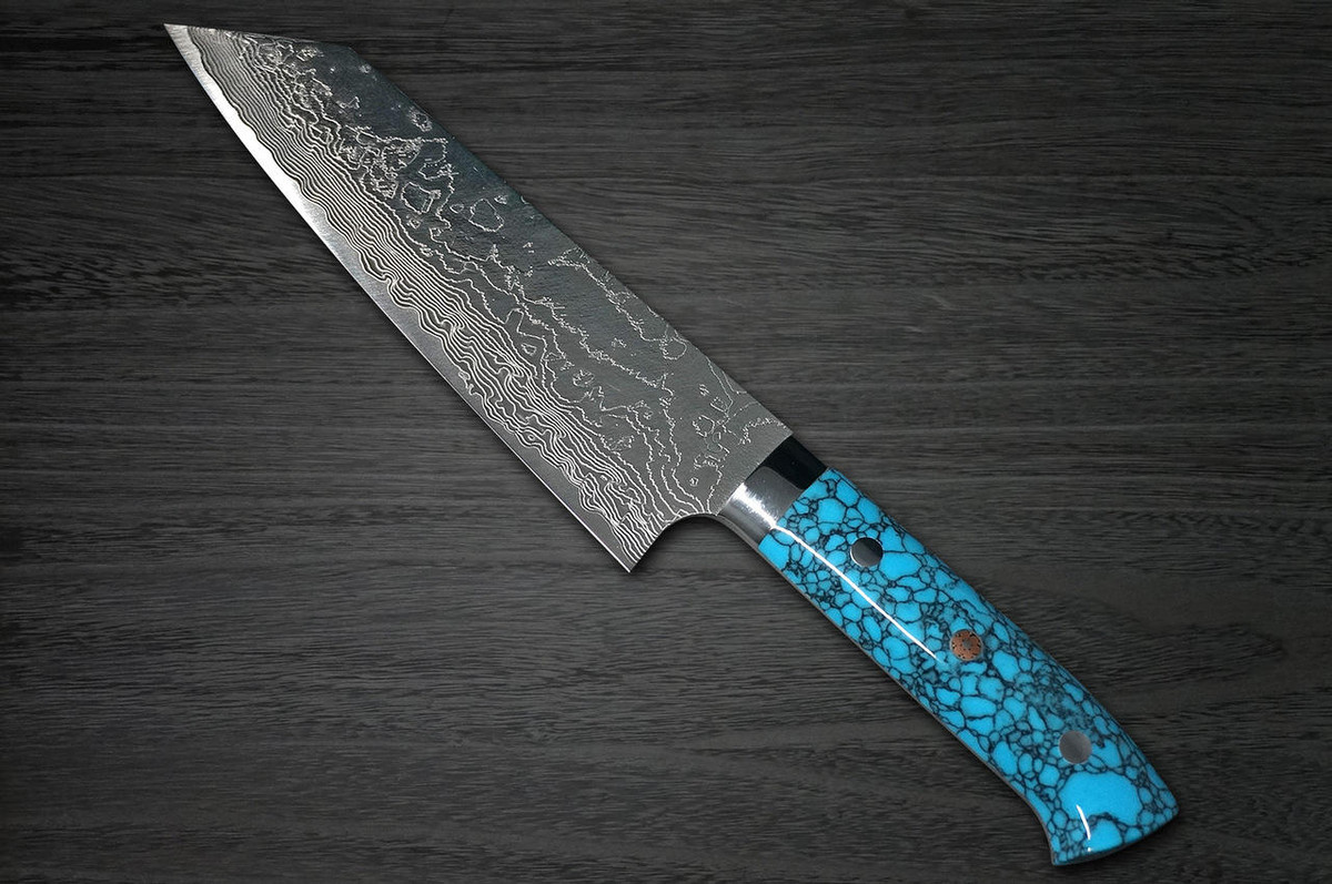Takeshi Saji R2 Diamond Finish Damascus TCA Japanese Chefs Bunka Knife 180mm with Blue Turquoise Handle
