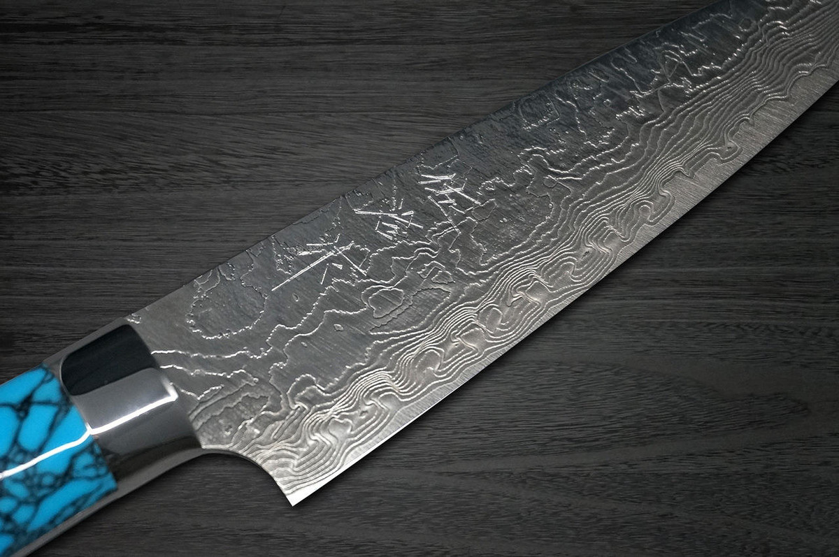 Takeshi Saji R2 Diamond Finish Damascus TCA Japanese Chefs Petty KnifeUtility 150mm with Blue Turquoise Handle