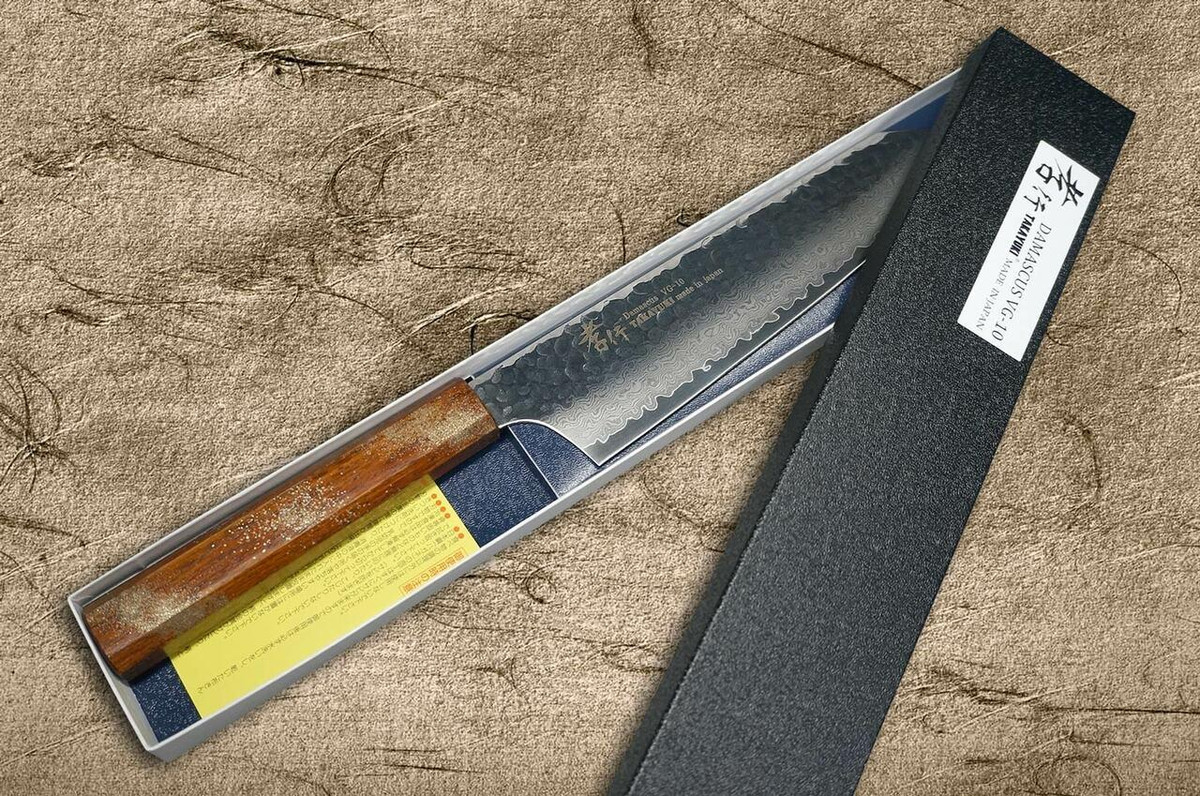Sakai Takayuki 33-Layer VG10 Damascus Urushi Chefs Kengata-Santoku Knife 160mm with Japanese Lacquered Oak Handle SEIREN
