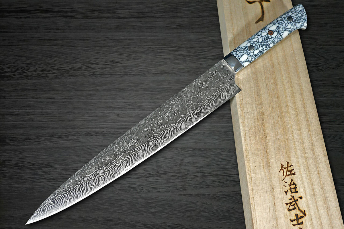 Takeshi Saji R2 Diamond Finish Damascus TCW Japanese Chefs SlicerSujihiki 270mm with White Turquoise Handle