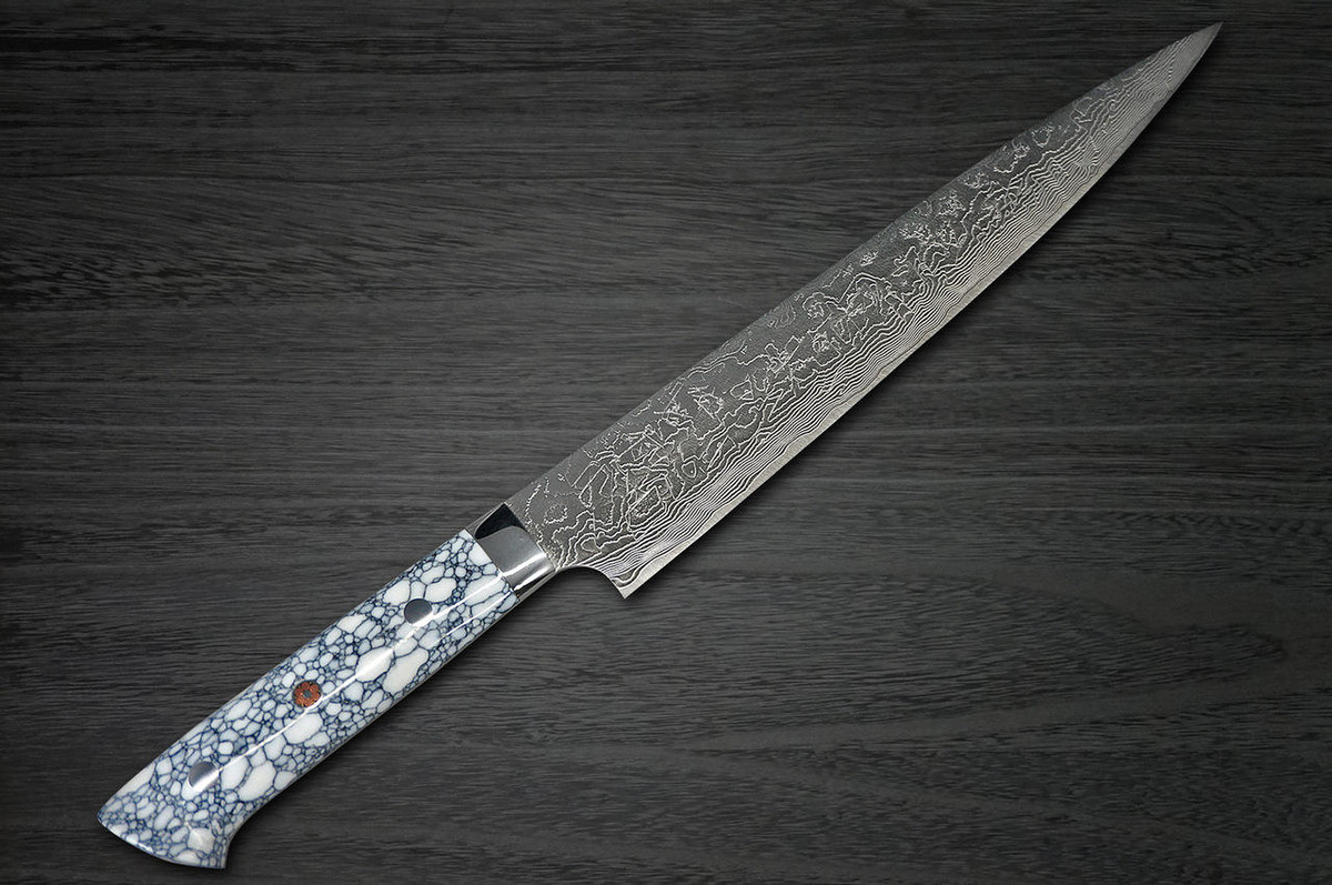 佐治武士R2 钻石抛光大马士革TCW 日本厨师切片刀（筋引）240mm 白色绿