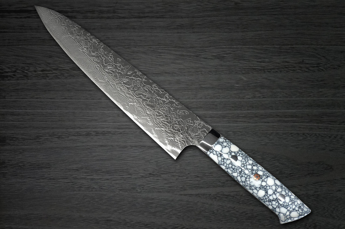 Takeshi Saji R2 Diamond Finish Damascus TCW Japanese Chefs Gyuto Knife 240mm with White Turquoise Handle
