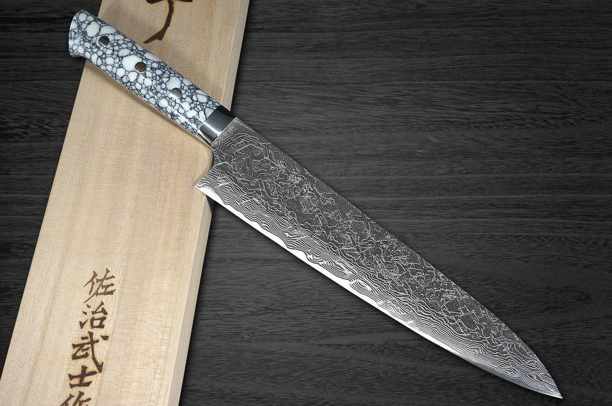 Takeshi Saji R2 Diamond Finish Damascus TCW Japanese Chefs Gyuto Knife 240mm with White Turquoise Handle