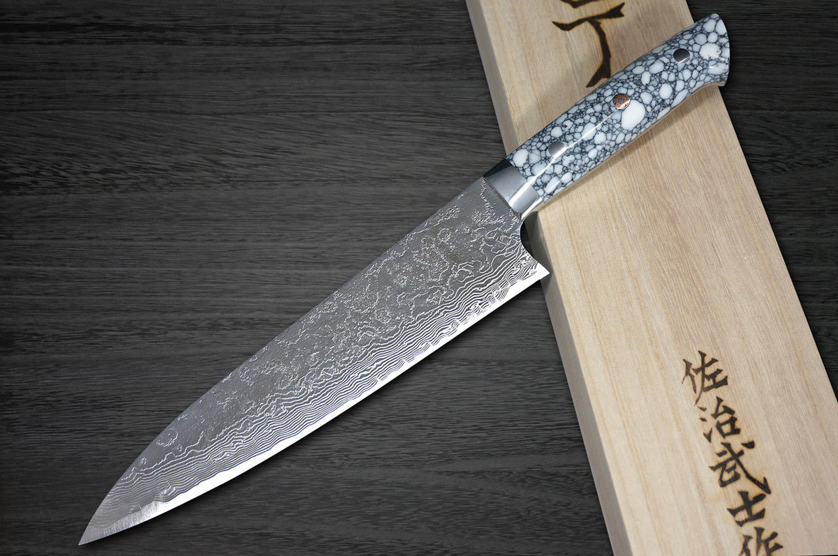 Takeshi Saji R2 Diamond Finish Damascus TCW Japanese Chefs Gyuto Knife 210mm with White Turquoise Handle