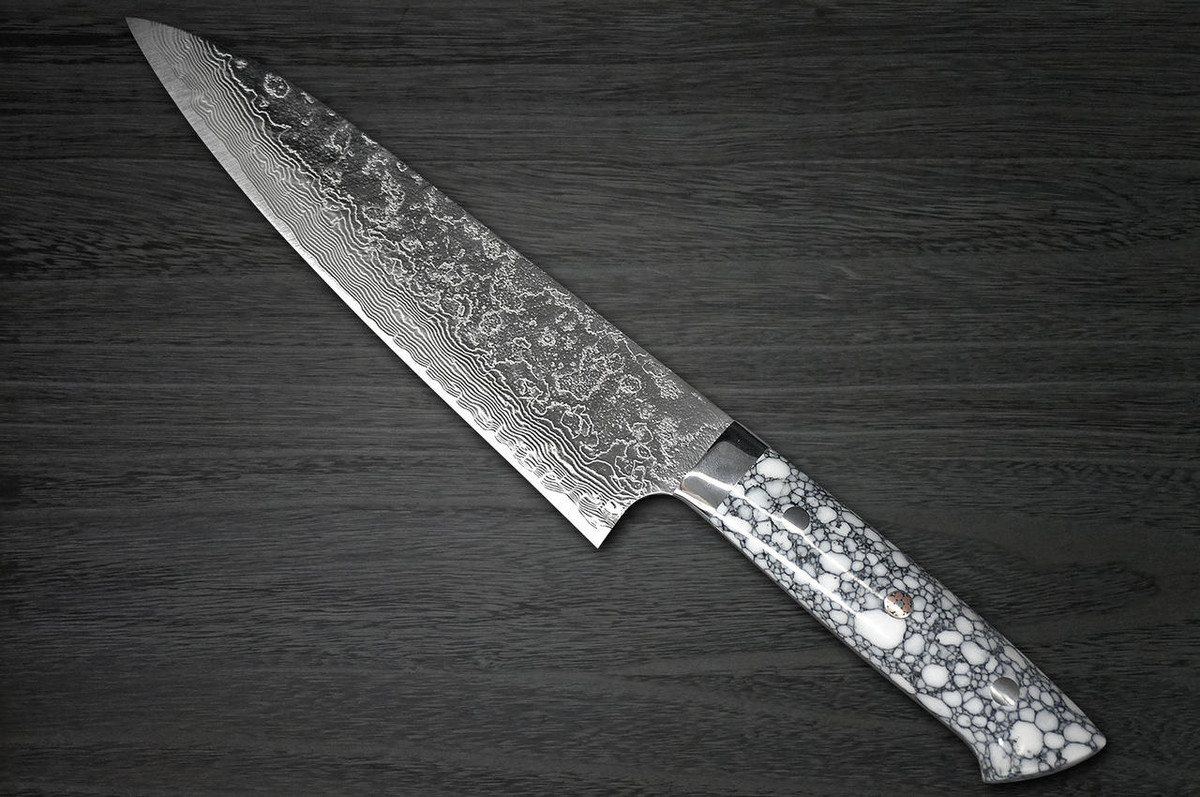 Takeshi Saji R2 Diamond Finish Damascus TCW Japanese Chefs Gyuto Knife 210mm with White Turquoise Handle