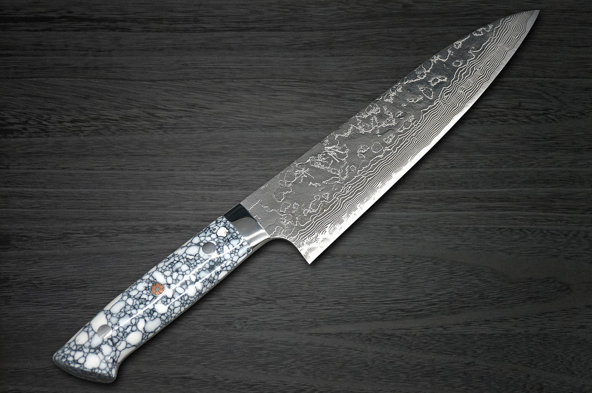 Takeshi Saji R2 Diamond Finish Damascus TCW Japanese Chefs Gyuto Knife 210mm with White Turquoise Handle
