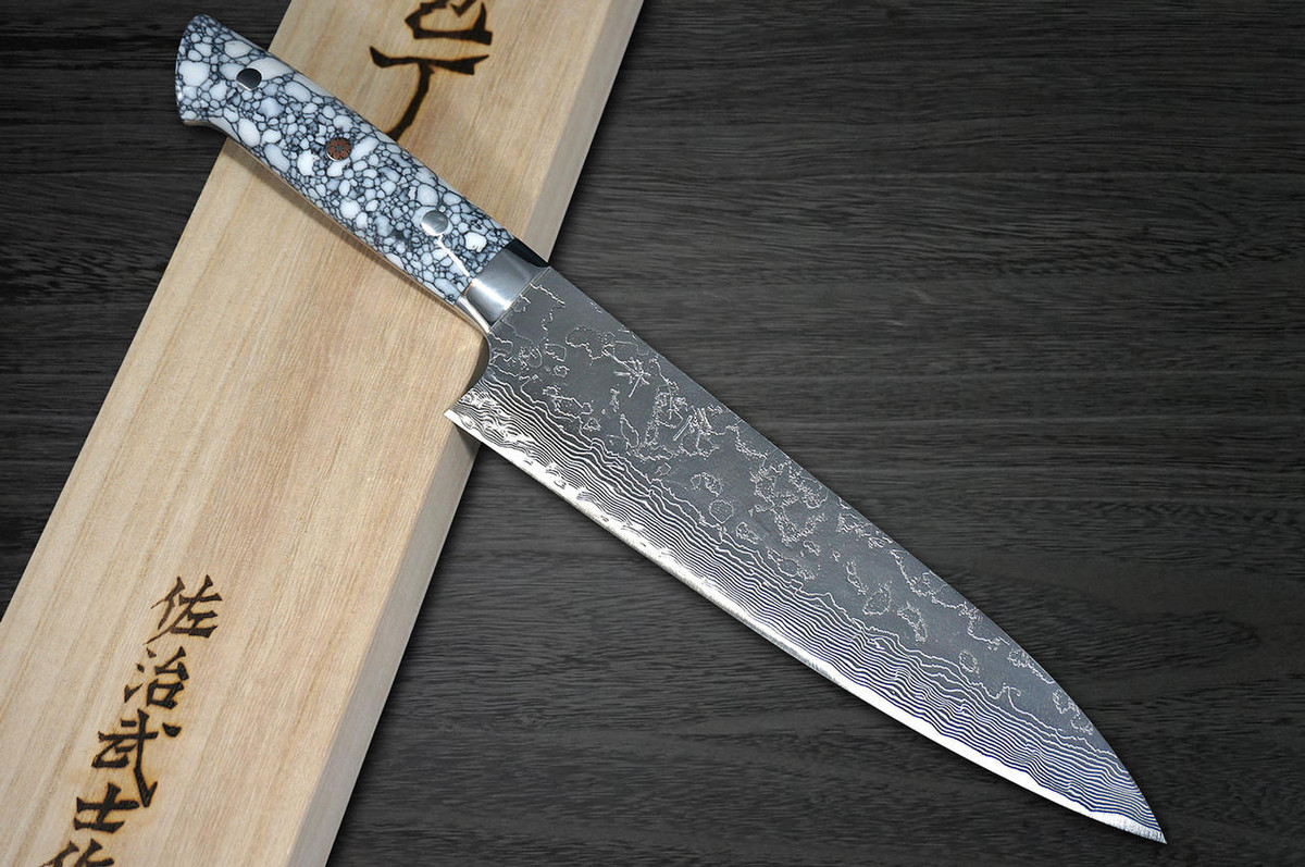 Takeshi Saji R2 Diamond Finish Damascus TCW Japanese Chefs Gyuto Knife 210mm with White Turquoise Handle