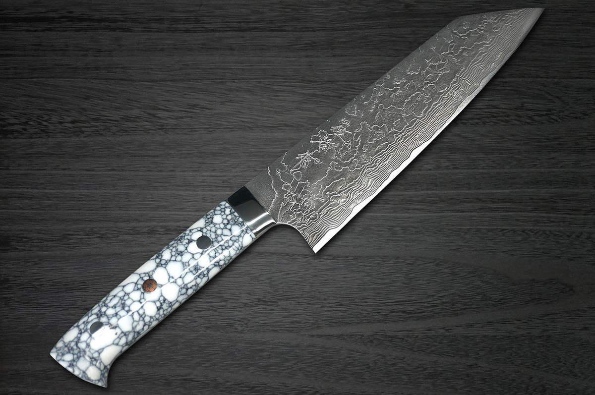 Takeshi Saji R2 Diamond Finish Damascus TCW Japanese Chefs Bunka Knife 180mm with White Turquoise Handle
