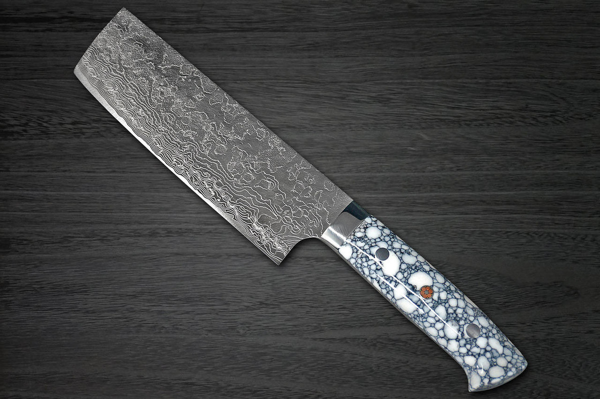 Takeshi Saji R2 Diamond Finish Damascus TCW Japanese Chefs NakiriVegetable 170mm with White Turquoise Handle