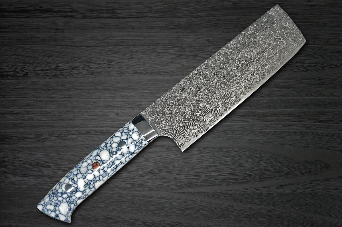 Takeshi Saji R2 Diamond Finish Damascus TCW Japanese Chefs NakiriVegetable 170mm with White Turquoise Handle