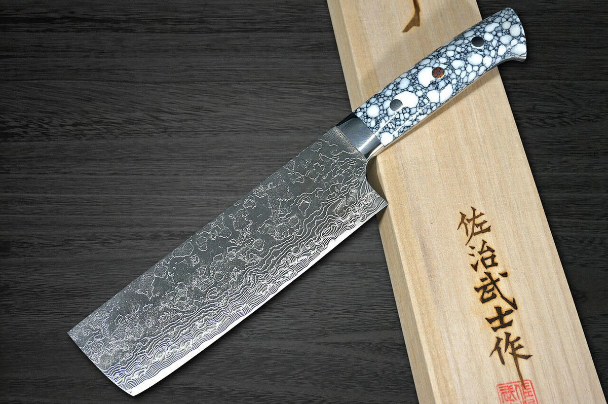 Takeshi Saji R2 Diamond Finish Damascus TCW Japanese Chefs NakiriVegetable 170mm with White Turquoise Handle