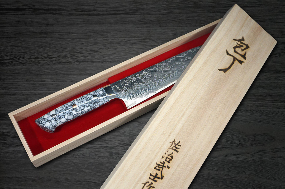 Takeshi Saji R2 Diamond Finish Damascus TCW Japanese Chefs NakiriVegetable 170mm with White Turquoise Handle