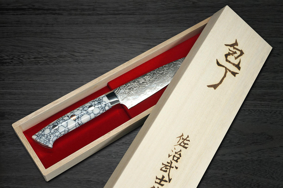 Takeshi Saji R2 Diamond Finish Damascus TCW Japanese Chefs Petty KnifeUtility 130mm with White Turquoise Handle