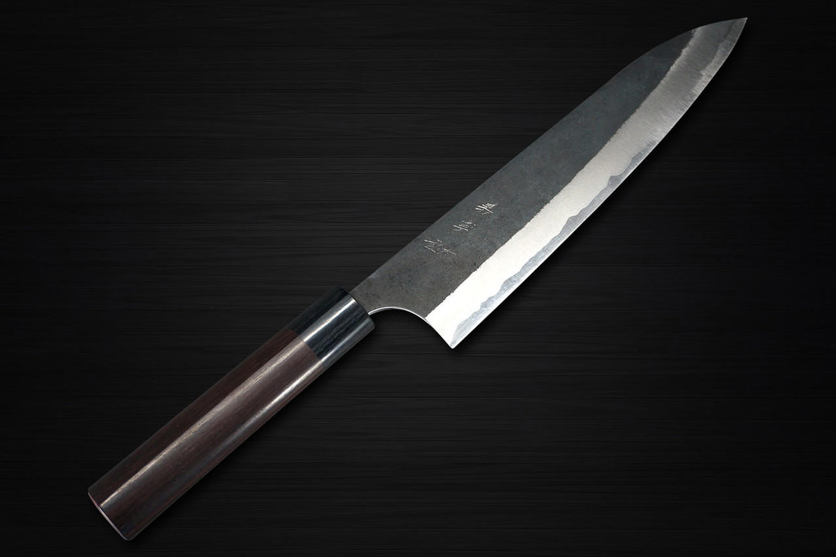 Yoshimi Kato Aogami Super Clad Kurouchi RS Japanese Chef's Gyuto Knife 210mm with Black-Ring Round Handle 