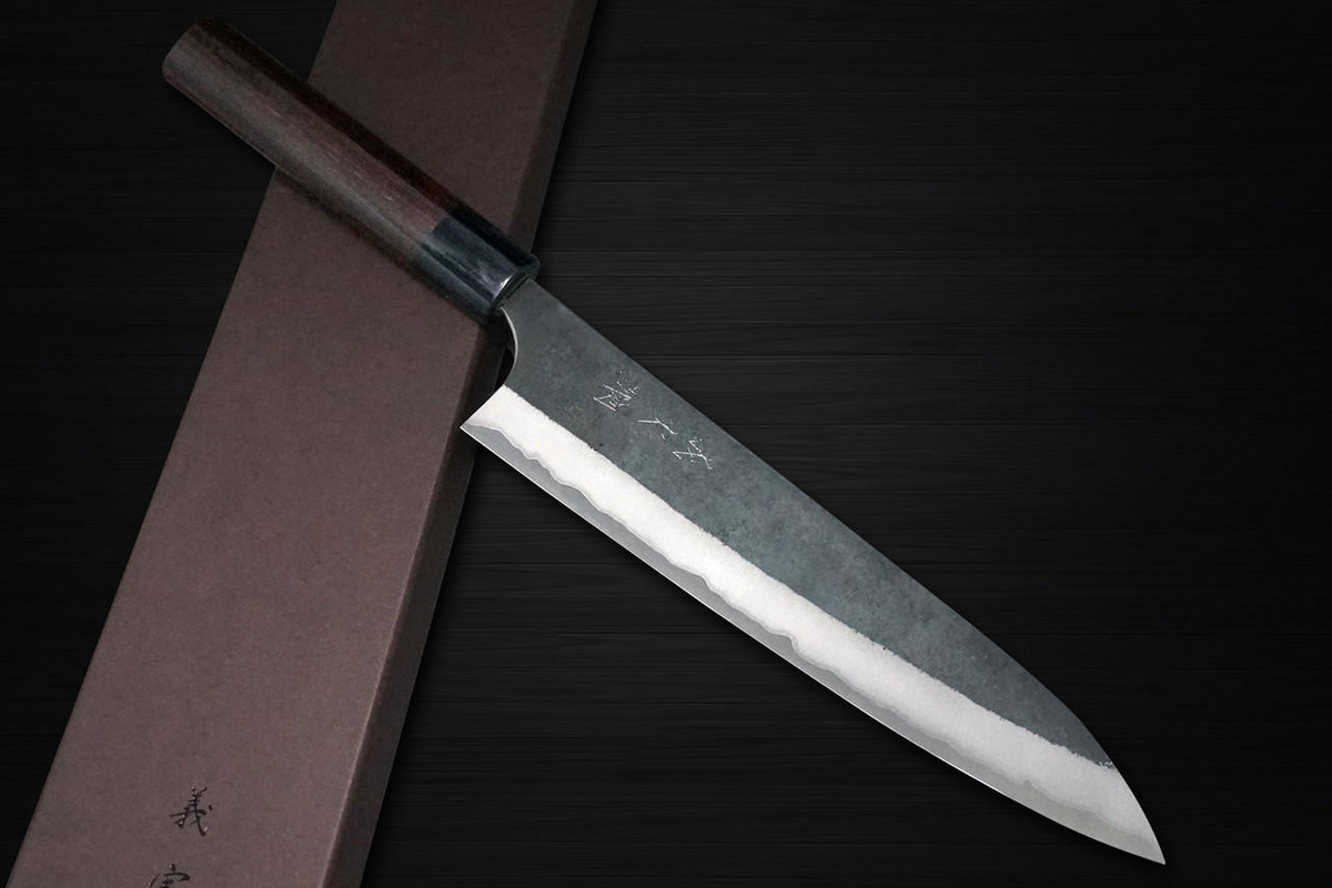 Yoshimi Kato Aogami Super Clad Kurouchi RS Japanese Chef's Gyuto Knife 240mm with Black-Ring Round Handle 