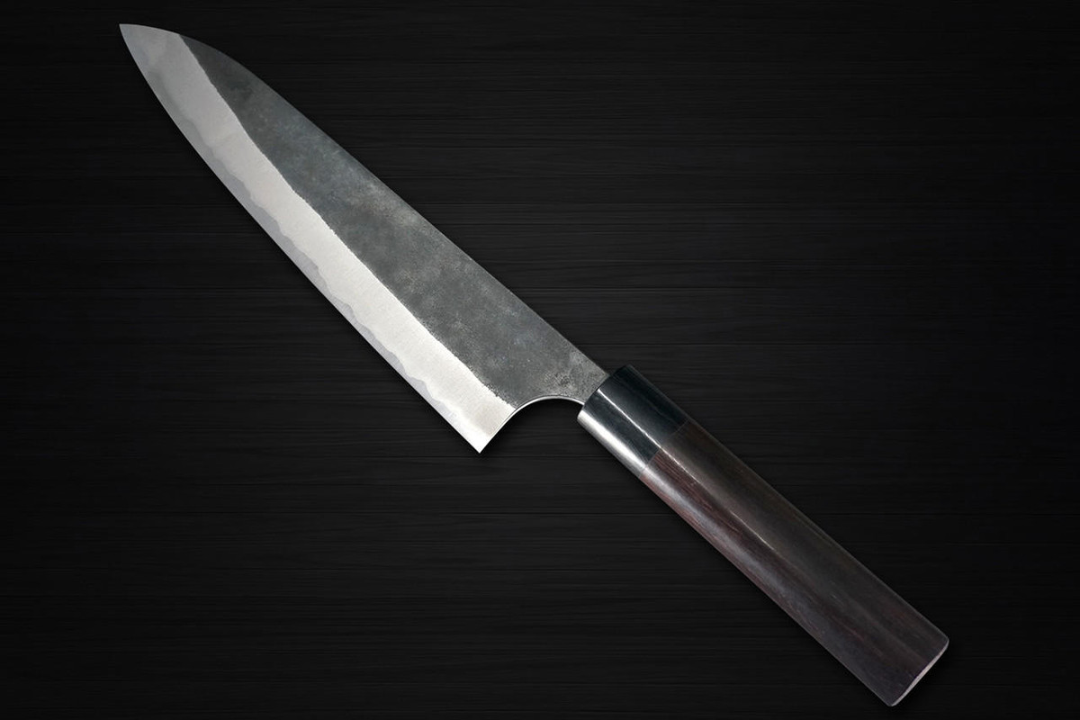 Yoshimi Kato Aogami Super Clad Kurouchi RS Japanese Chef's Gyuto Knife 240mm with Black-Ring Round Handle 